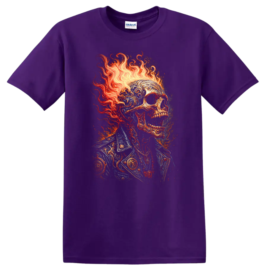 Flaming skull in ornate vintage jacket with gothic fire illustration on a Purple T Shirt