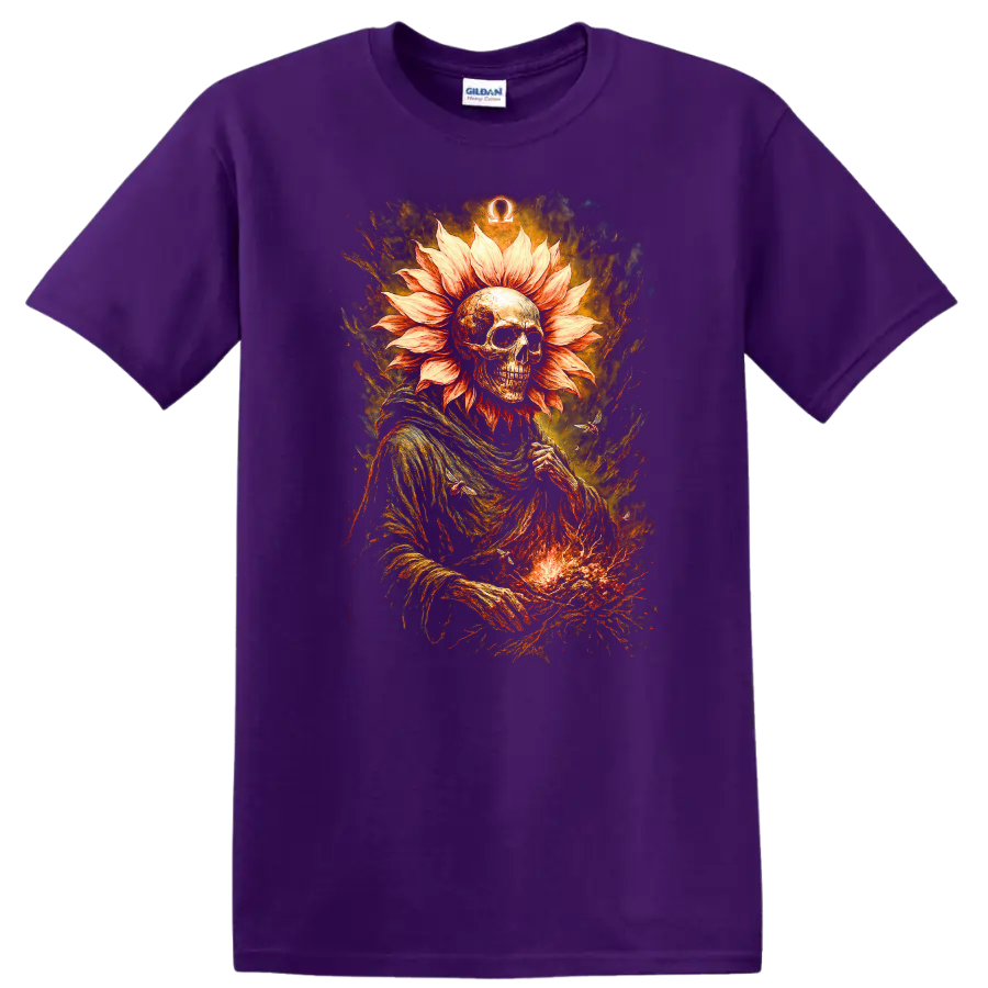 Gothic skeleton with flower-petal halo, fiery textures, and Omega symbol on a Purple T Shirt