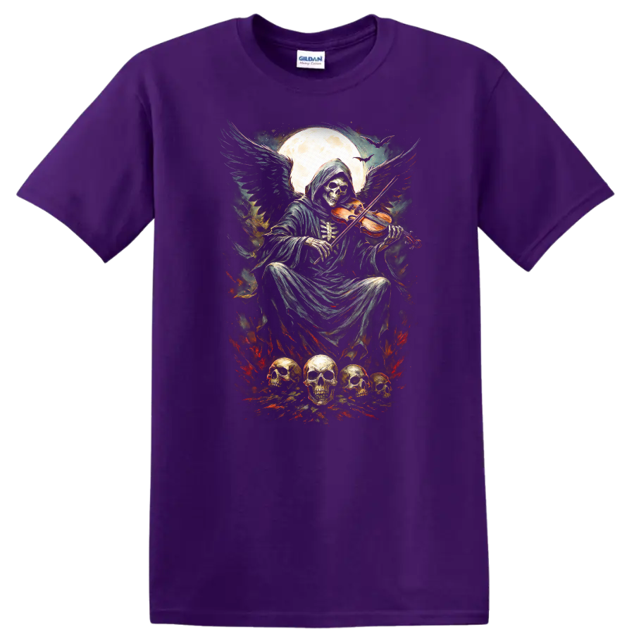 Vintage gothic Grim Reaper playing violin beneath moon with skulls and fiery accents on a Purple T Shirt