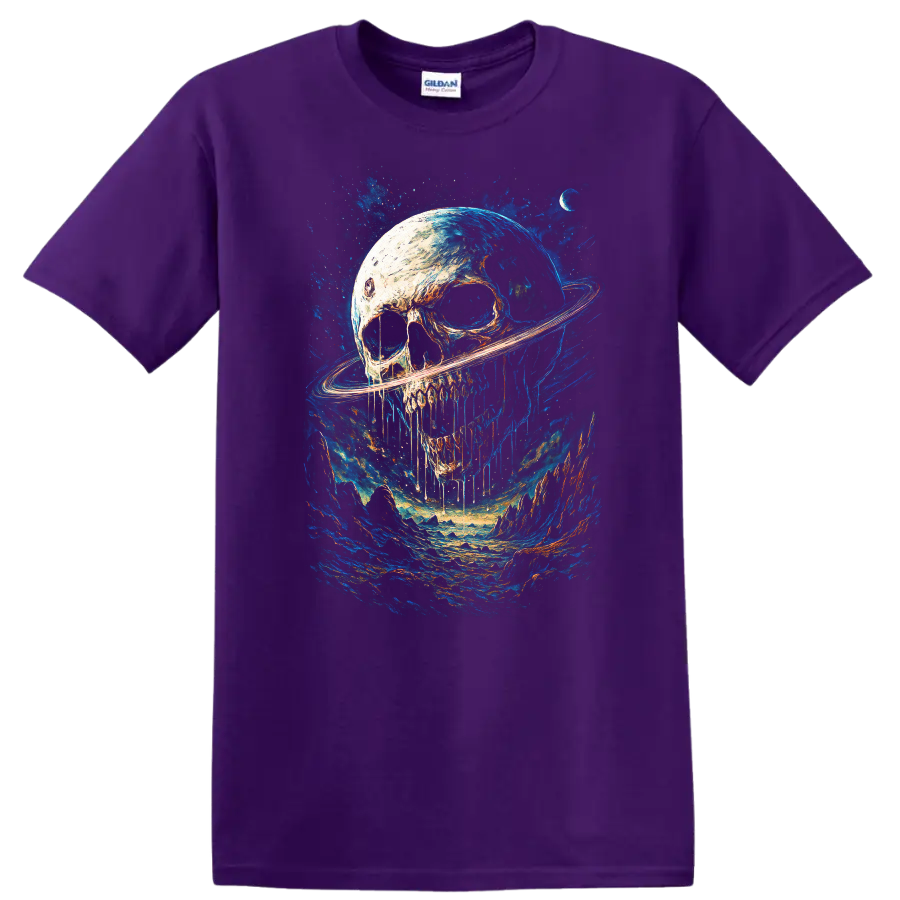 Gothic skull with Saturn-like ring in a vivid blue cosmic landscape on a Purple T Shirt