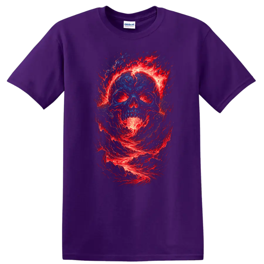 Distressed blue skull surrounded by swirling red flames in gothic horror art on a Purple T Shirt