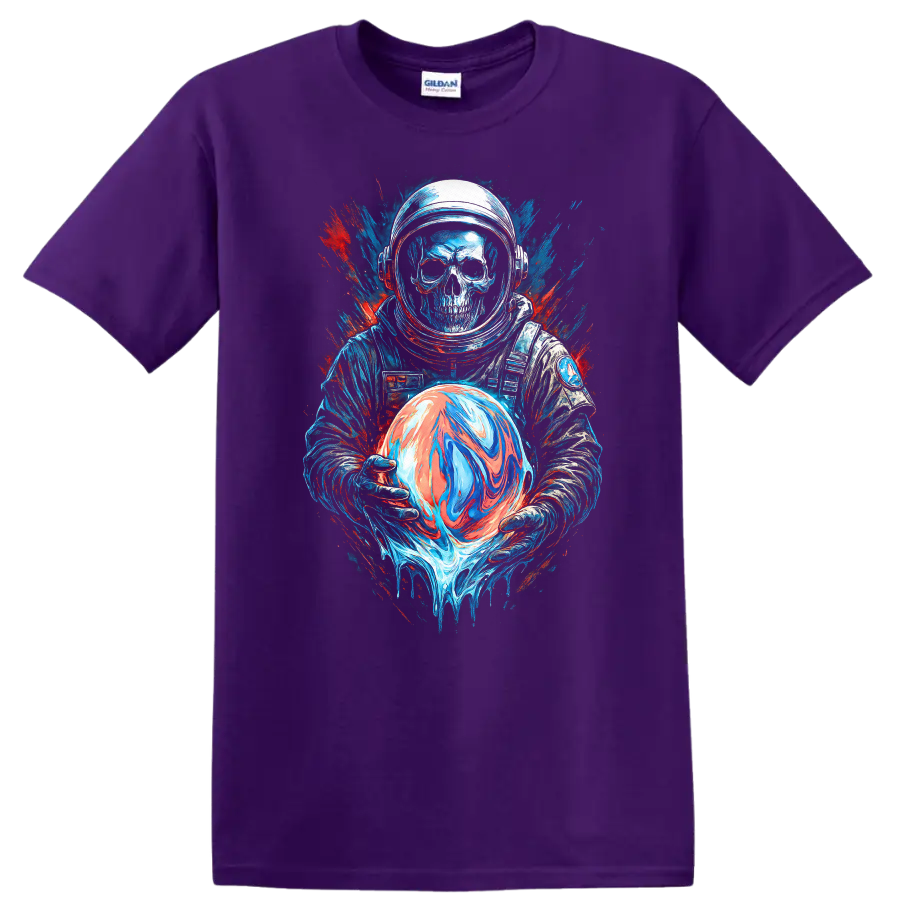 Gothic skull astronaut holding a swirling orb in neon space splatter art on a Purple T Shirt