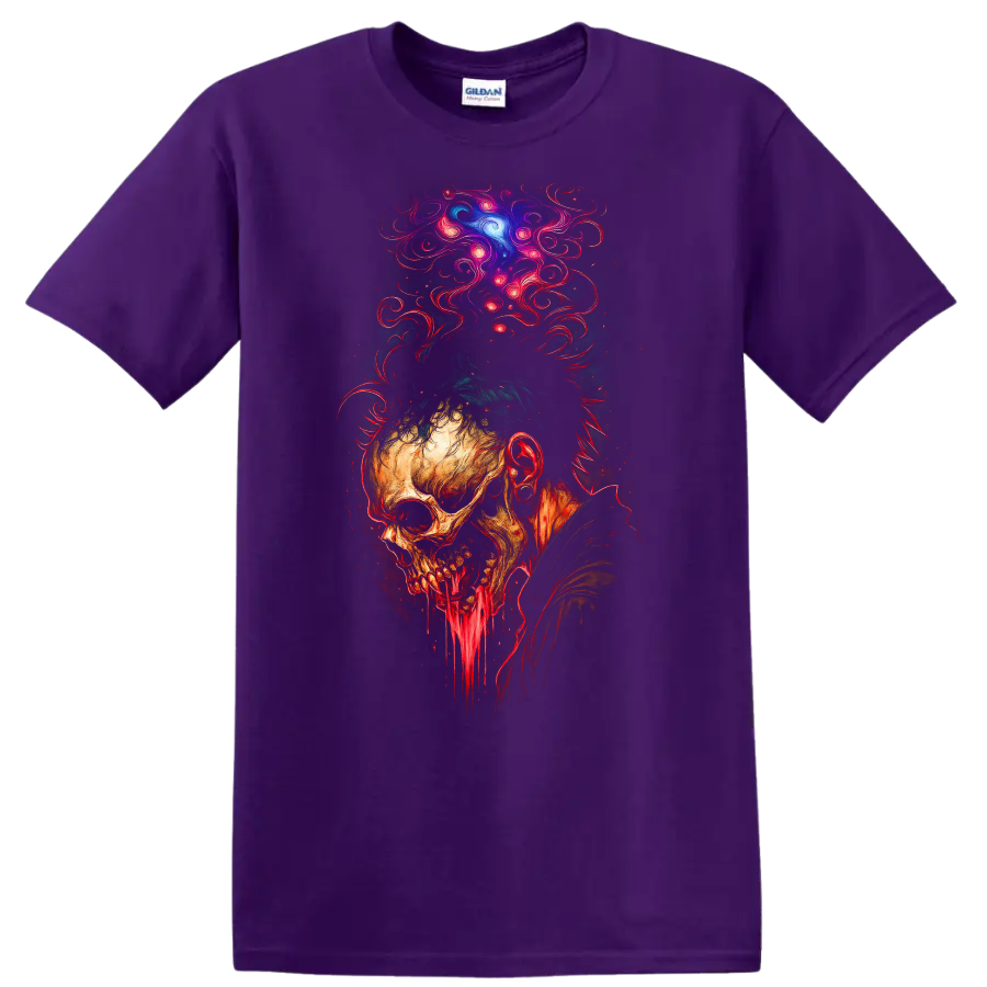 Decaying skull with dripping jaw and psychedelic cosmic smoke in gothic horror art on a Purple T Shirt