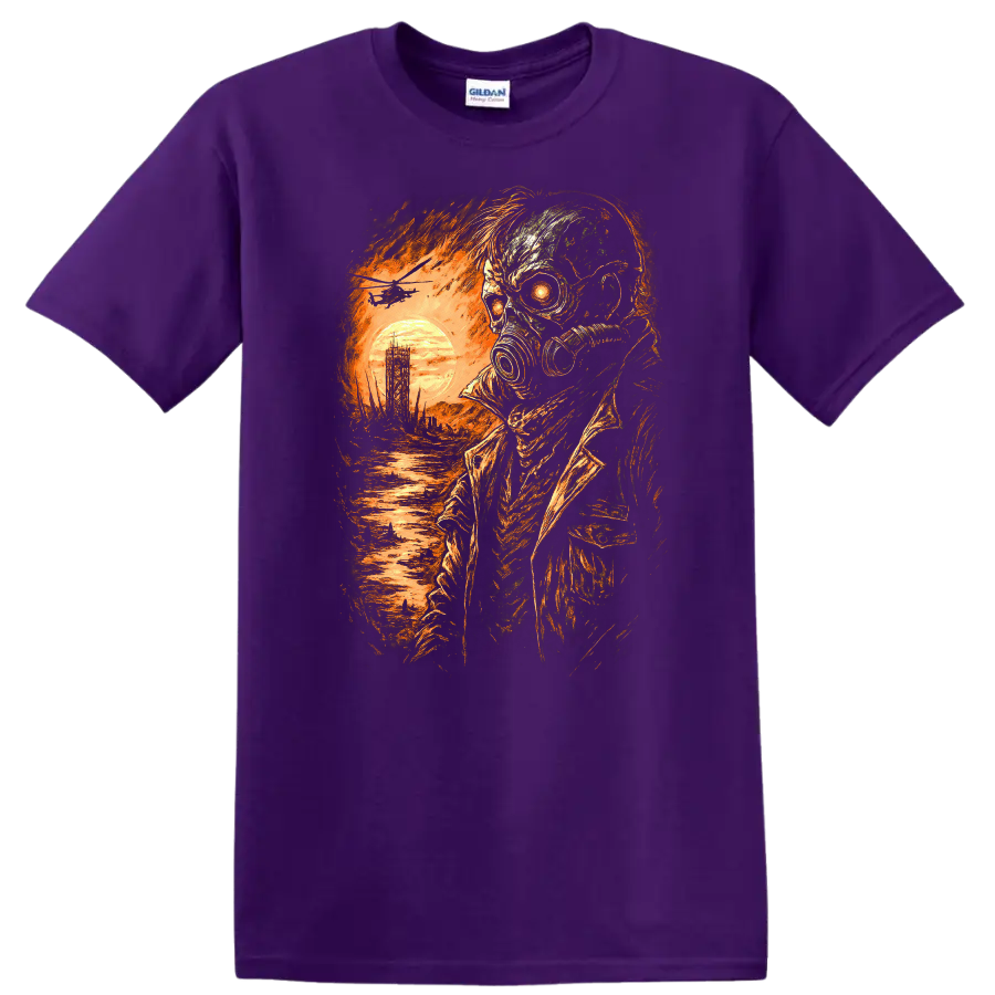 Distressed gothic gas mask skull survivor with fiery sunset and ruined landscape on a Purple T Shirt