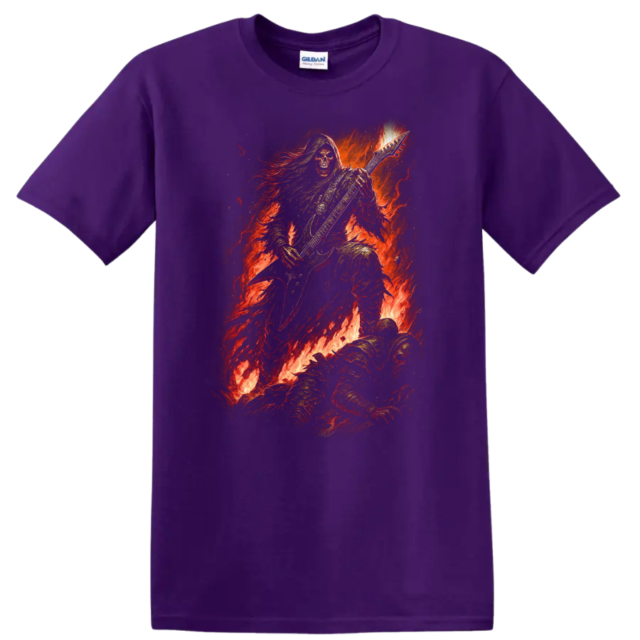 Hooded skeleton guitarist in flames, distressed vintage gothic rock artwork on a Purple T Shirt