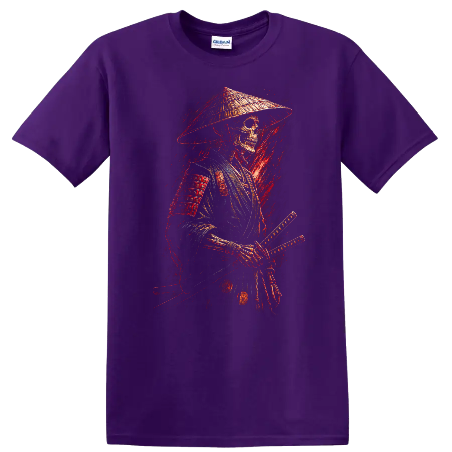 Vintage gothic samurai skeleton warrior in armor with conical hat and swords on a Purple T Shirt