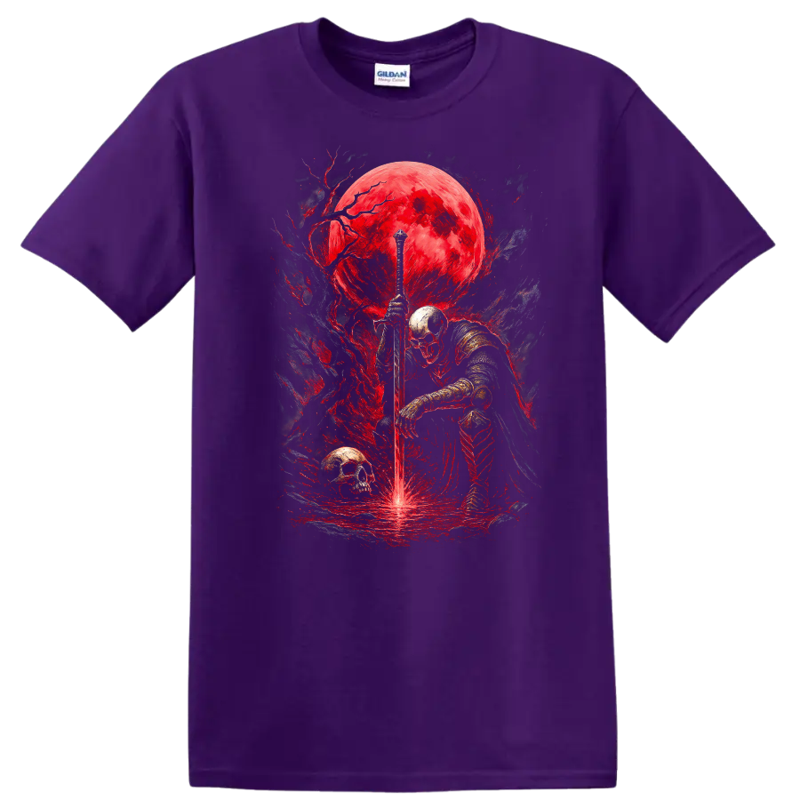 Armored skeletal knight with sword, skulls, and crimson moon in gothic fantasy art on a Purple T Shirt