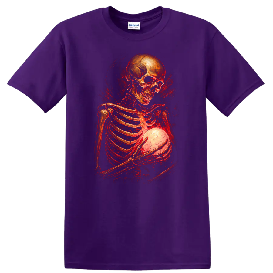 Gothic skeleton holding a glowing cracked orb in red vintage horror art on a Purple T Shirt