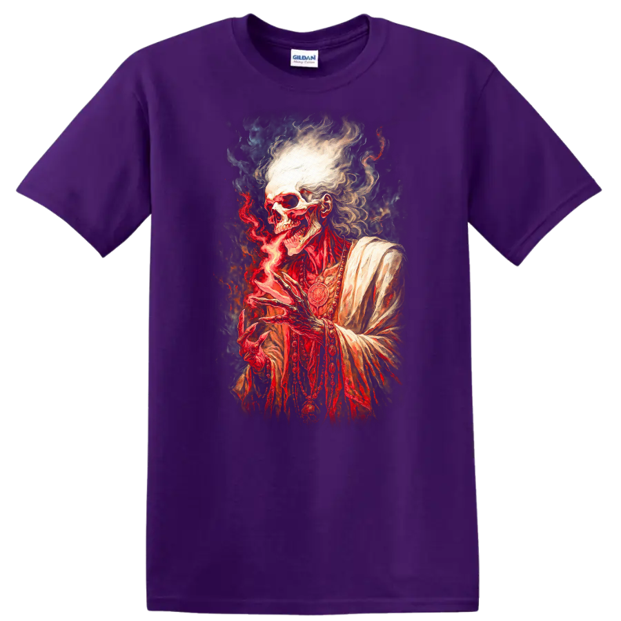 Gothic robed skeleton conjuring red flame in a detailed dark fantasy illustration on a Purple T Shirt