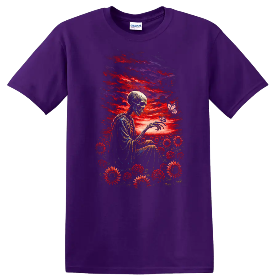 Vintage-style skeleton with red roses, flowers, butterflies, and a dramatic sky on a Purple T Shirt