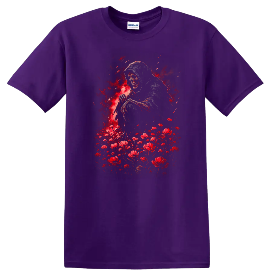 Hooded grim reaper skull with red flowers in distressed gothic illustration on a Purple T Shirt