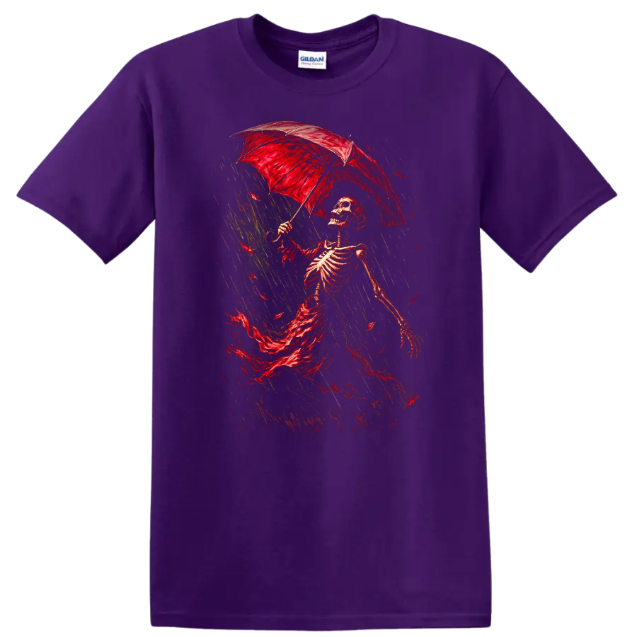 Vintage Gothic skeleton walking in rain beneath a red umbrella on a Purple T Shirt