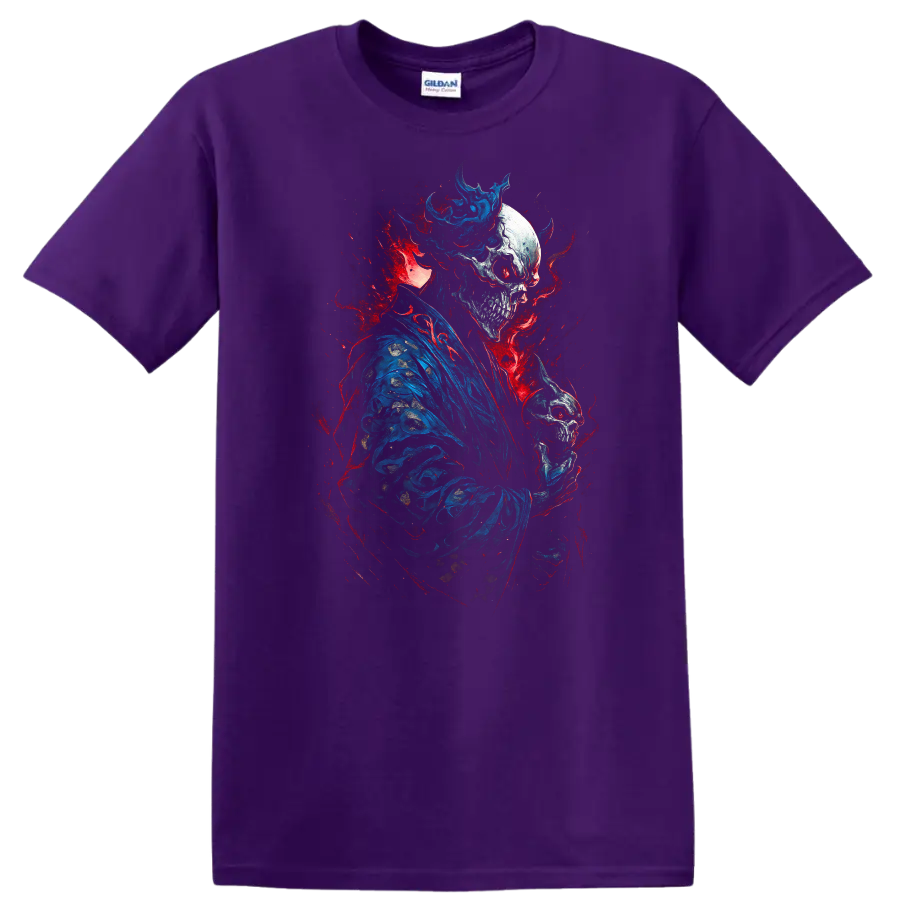 Crowned skeleton in blue robes holding a skull amid red and blue gothic splatter on a Purple T Shirt