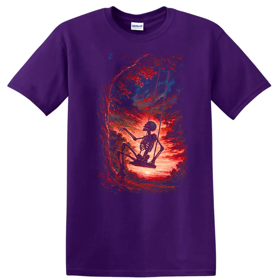 Vintage skeleton swinging beneath red trees in surreal gothic forest art on a Purple T Shirt