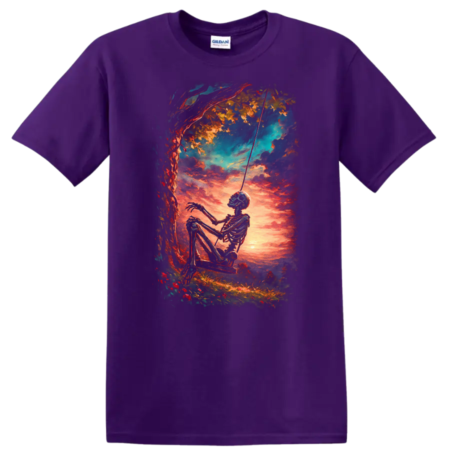 Vintage gothic skeleton on a swing beneath a tree at a vivid sunset on a Purple T Shirt