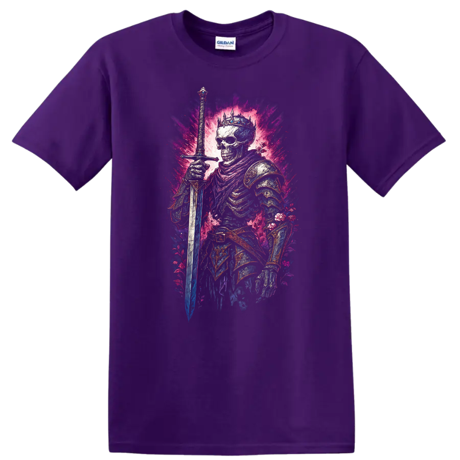 Crowned skeleton warrior with sword, ornate armor, and vivid floral gothic artwork on a Purple T Shirt