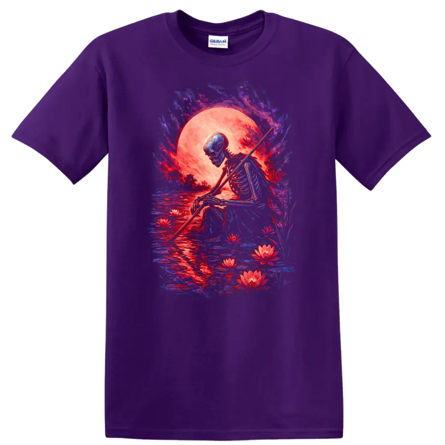 Moonlit skeleton with staff, lotus flowers, reflective water, and gothic full moon art on a Purple T Shirt