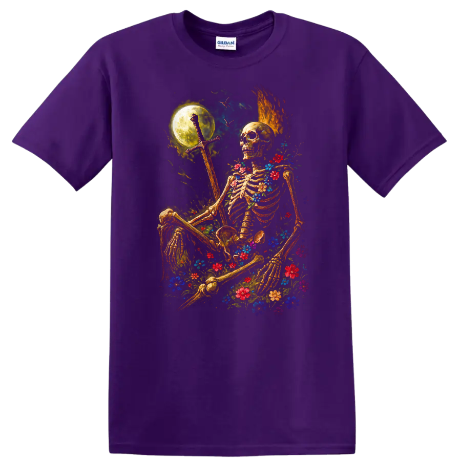 Moonlit floral skeleton holding a sword in a gothic flower-filled night scene on a Purple T Shirt