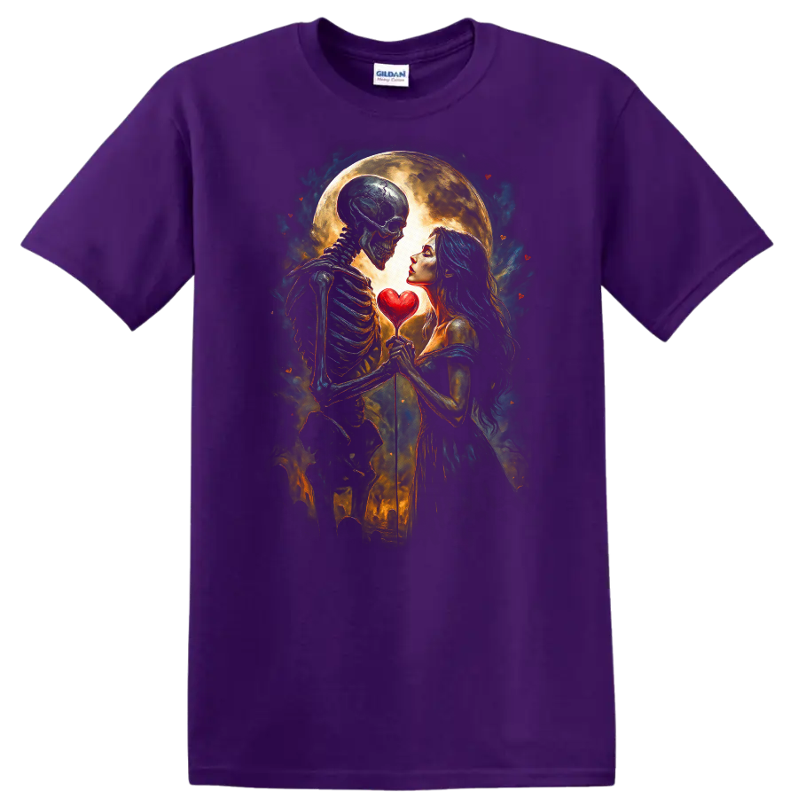 Romantic skeleton and woman holding a heart beneath a full moon in gothic art on a Purple T Shirt