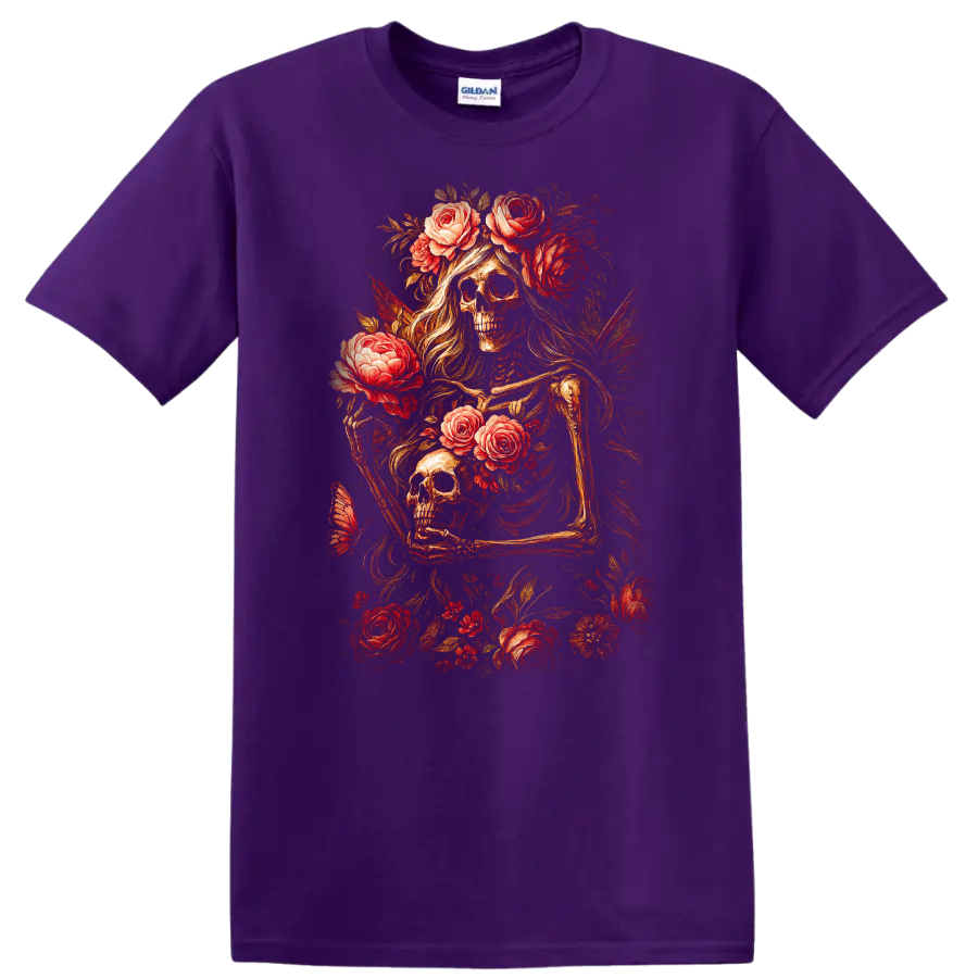 Vintage gothic skeletal figures and skulls surrounded by red roses and foliage on a Purple T Shirt