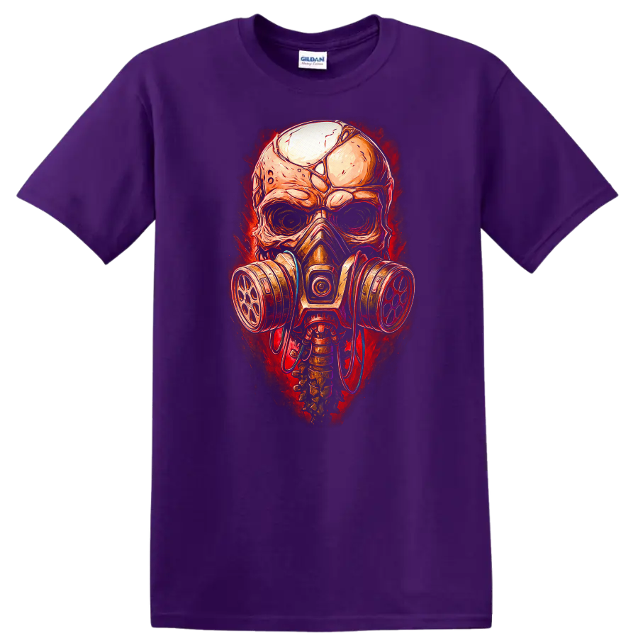 Gothic illustrated skull wearing a gas mask with distressed red horror-art backdrop on a Purple T Shirt