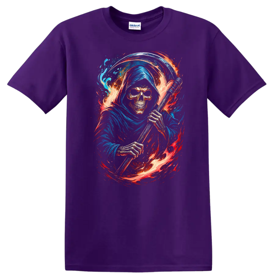Hooded Grim Reaper skeleton with scythe, swirling flames, and blue gothic artwork on a Purple T Shirt