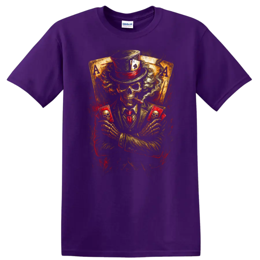 Vintage gothic skeleton poker player in top hat holding skull cards before ace cards on a Purple T Shirt