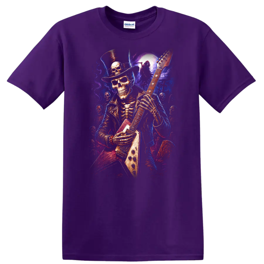 Top-hatted skeleton guitarist in vivid gothic moonlit graveyard art on a Purple T Shirt