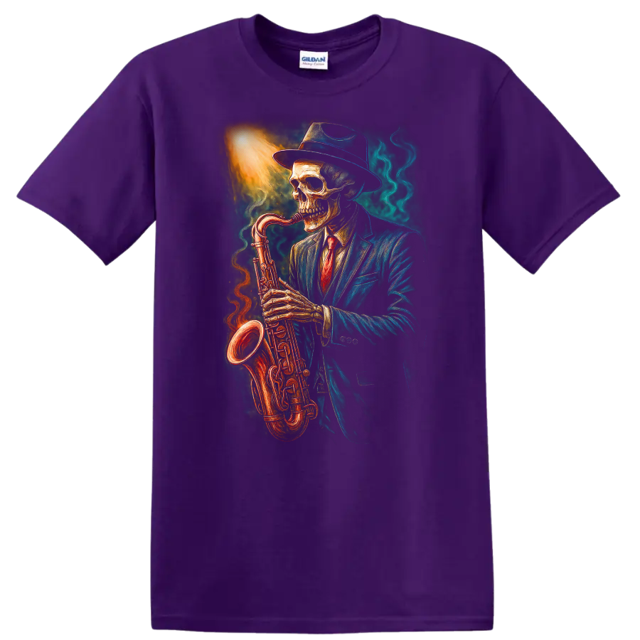 Vintage gothic skeleton in a suit and hat playing a glowing saxophone on a Purple T Shirt