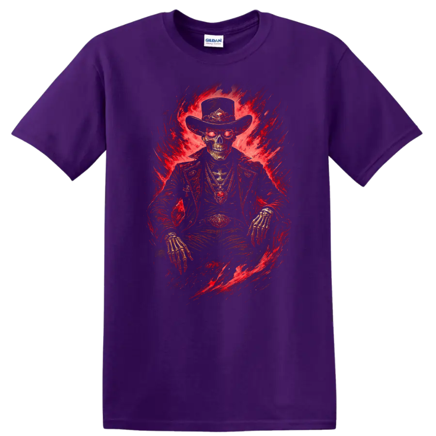Skeleton cowboy in a wide-brim hat with fiery red gothic horror artwork on a Purple T Shirt