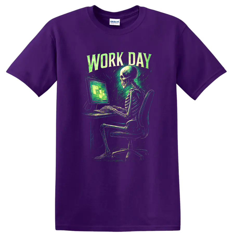 Work Day skeleton at computer in distressed vintage gothic green graphic on a Purple T Shirt