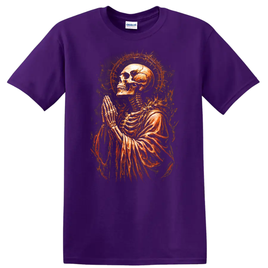 Praying skeleton skull with fiery halo in vintage gothic dark-art style on a Purple T Shirt