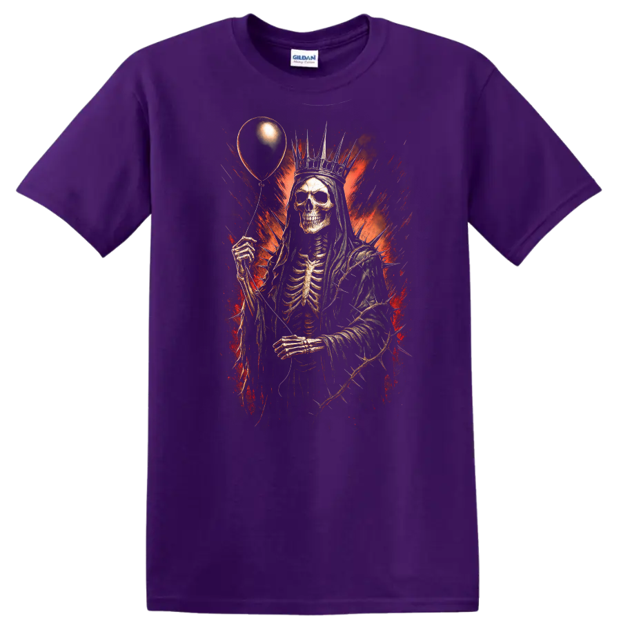 Crowned skeleton holding a balloon in distressed red and black gothic horror art on a Purple T Shirt