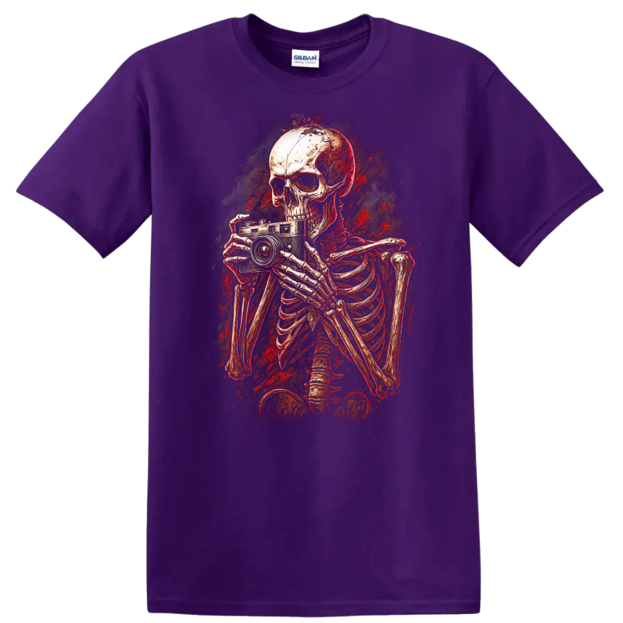 Distressed gothic skeleton photographer holding a vintage camera horror art graphic on a Purple T Shirt