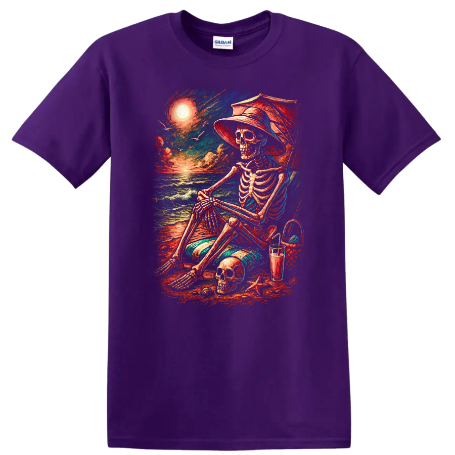 Vintage-style skeleton in beach chair with skull, ocean waves, hat, and sunset on a Purple T Shirt