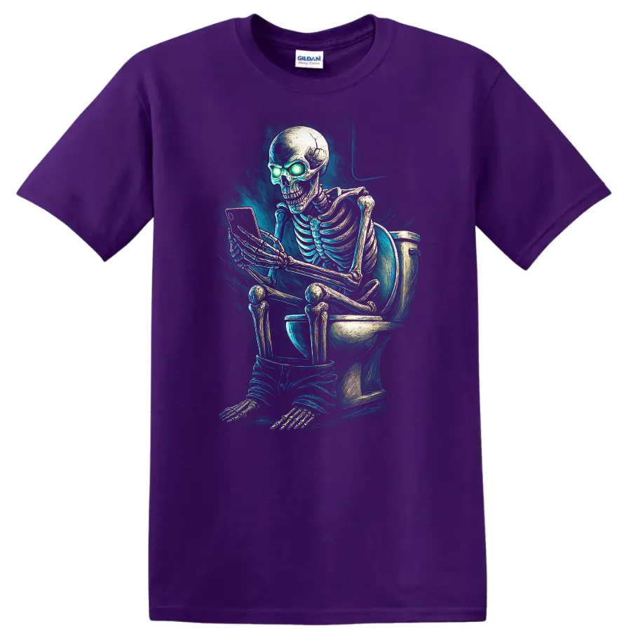 Vintage gothic skeleton on toilet using phone with glowing green eyes on a Purple T Shirt