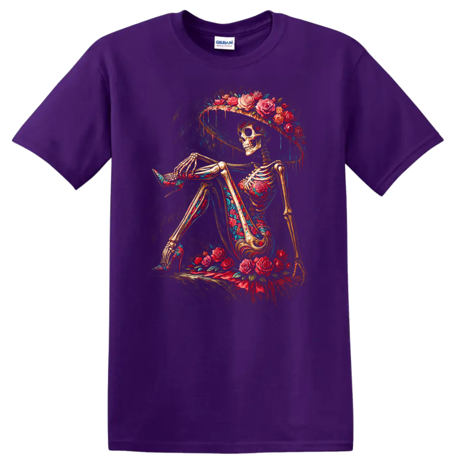 Vintage gothic skeleton in a wide-brim hat surrounded by red roses on a Purple T Shirt