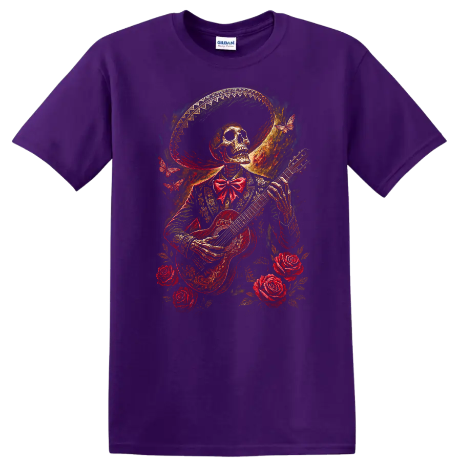 Vintage gothic skeleton guitarist with roses, butterflies, and ornate wide-brimmed hat on a Purple T Shirt