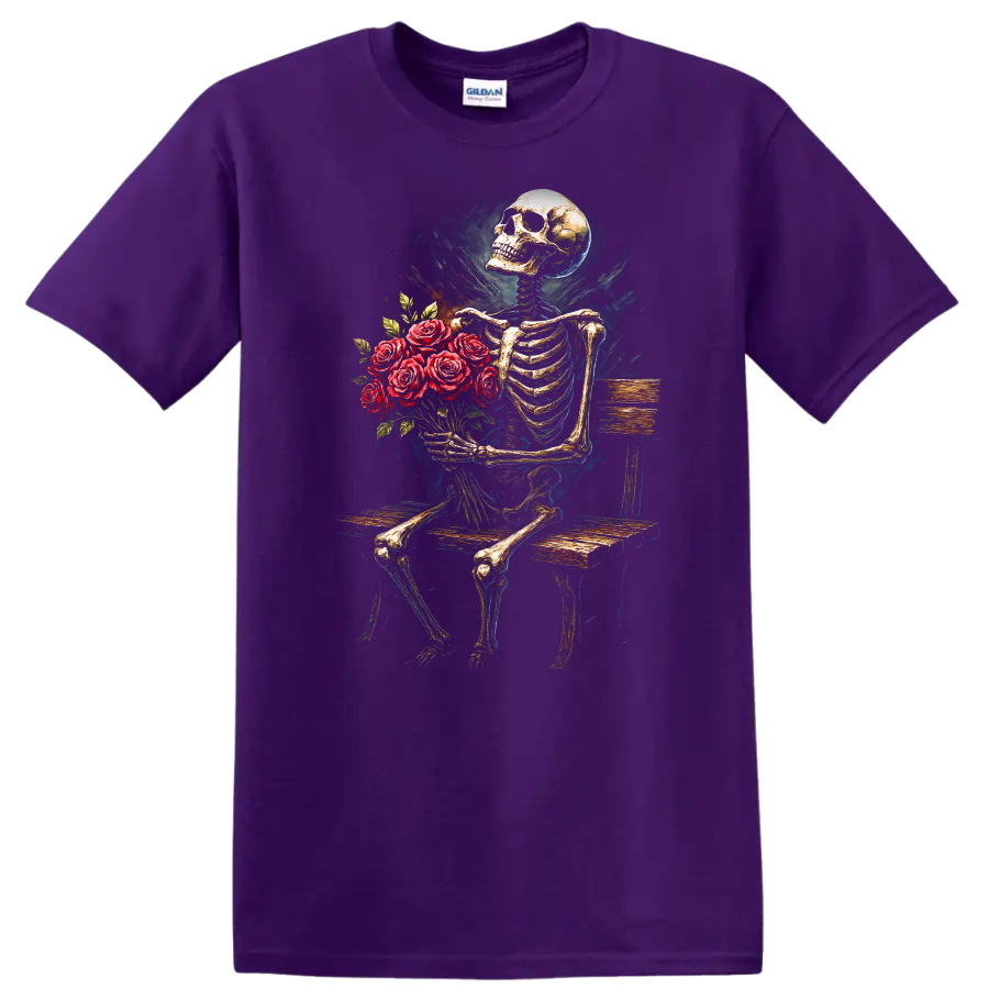 Vintage gothic skeleton holding a bouquet of red roses while seated on a wooden bench on a Purple T Shirt