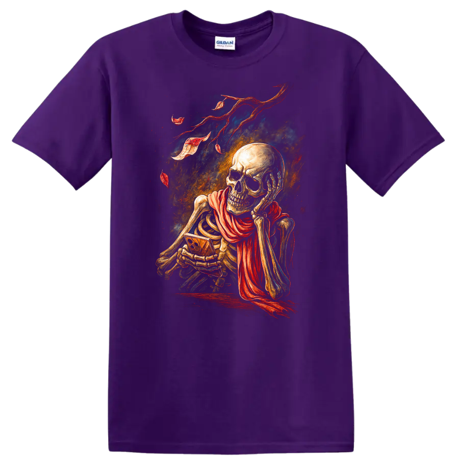 Vintage gothic skeleton skull illustration with flowing red scarf and distressed ribbons on a Purple T Shirt