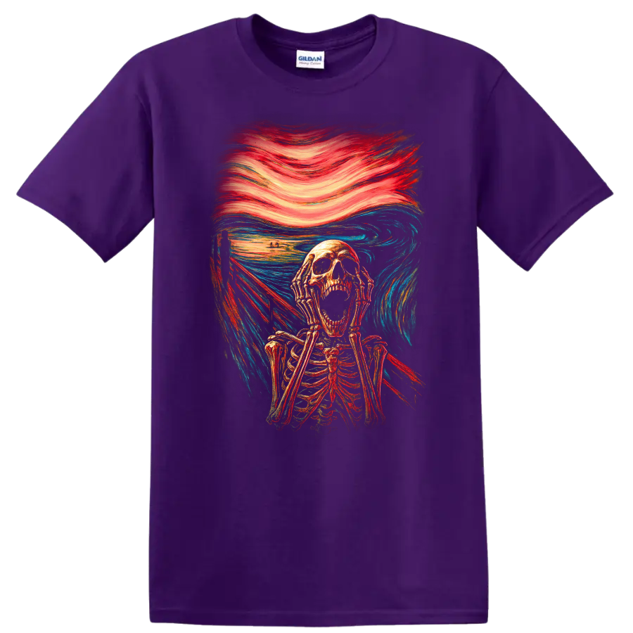 Screaming skeleton in vintage gothic horror art with swirling red and blue brushwork on a Purple T Shirt