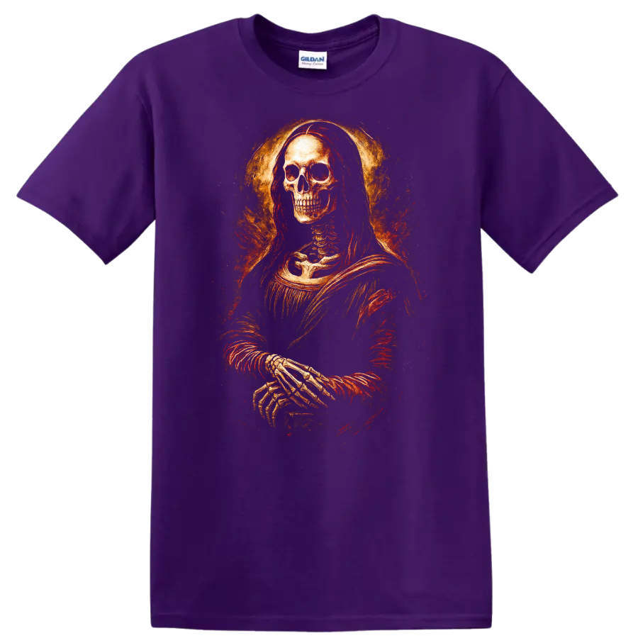 Vintage gothic skeleton portrait with crossed hands and fiery distressed halo on a Purple T Shirt