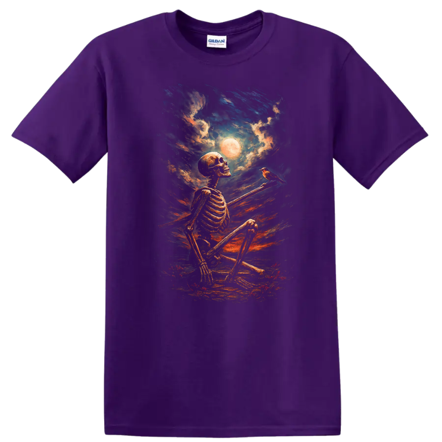 Vintage gothic painting of seated skeleton, bird, full moon, and dramatic night sky on a Purple T Shirt