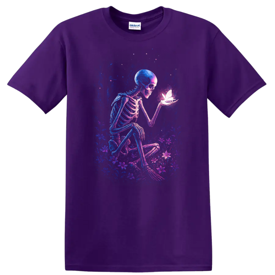 Gothic skeleton holding a glowing butterfly amid neon wildflowers on a Purple T Shirt