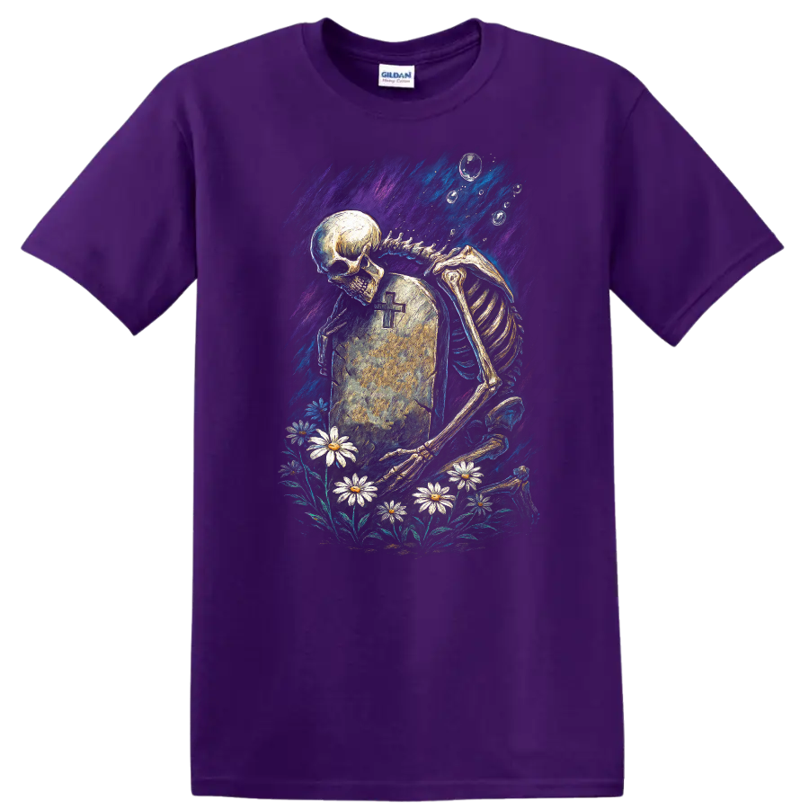 Skeleton mourning beside a cross tombstone and daisies in vintage gothic artwork on a Purple T Shirt