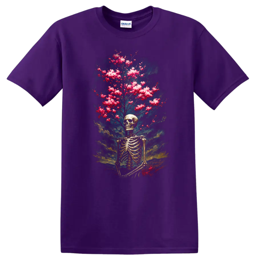 Vintage gothic skeleton skull with pink blooming branches and smoky teal backdrop on a Purple T Shirt