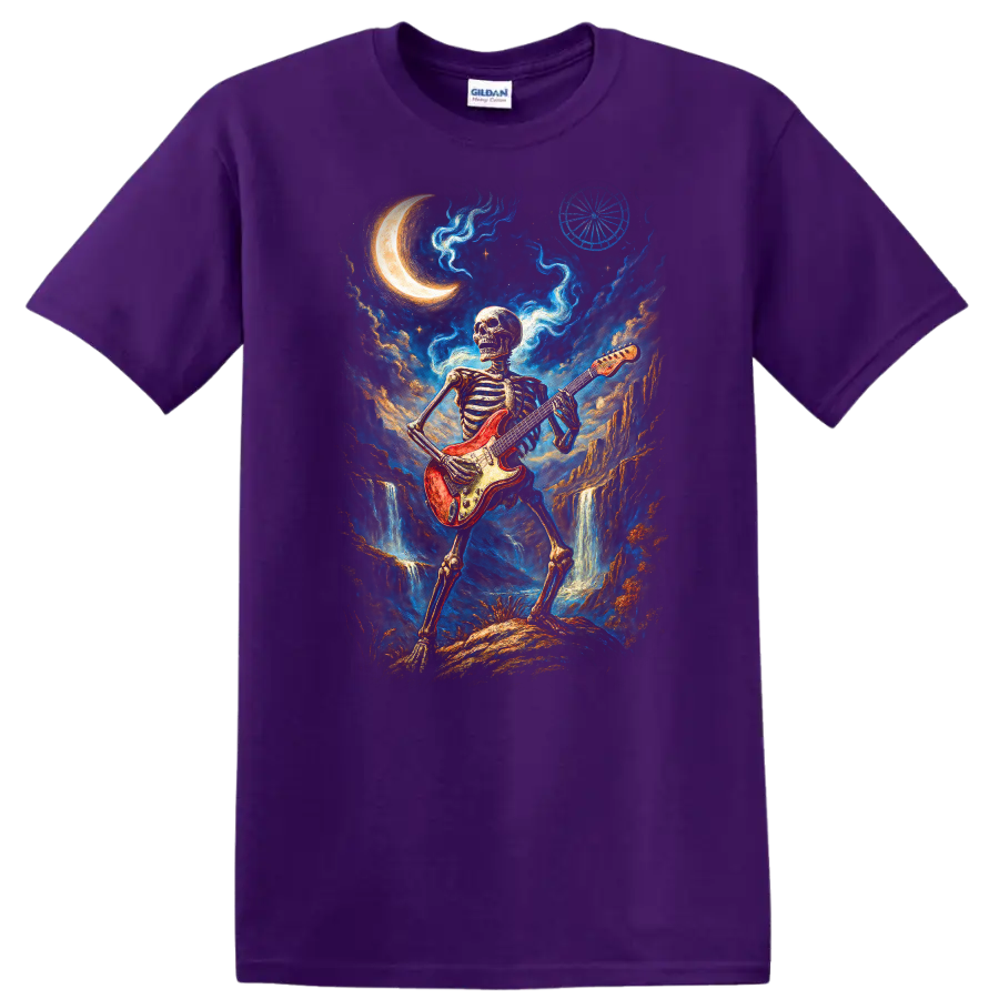 Skeleton guitarist with red electric guitar in moonlit gothic fantasy art on a Purple T Shirt