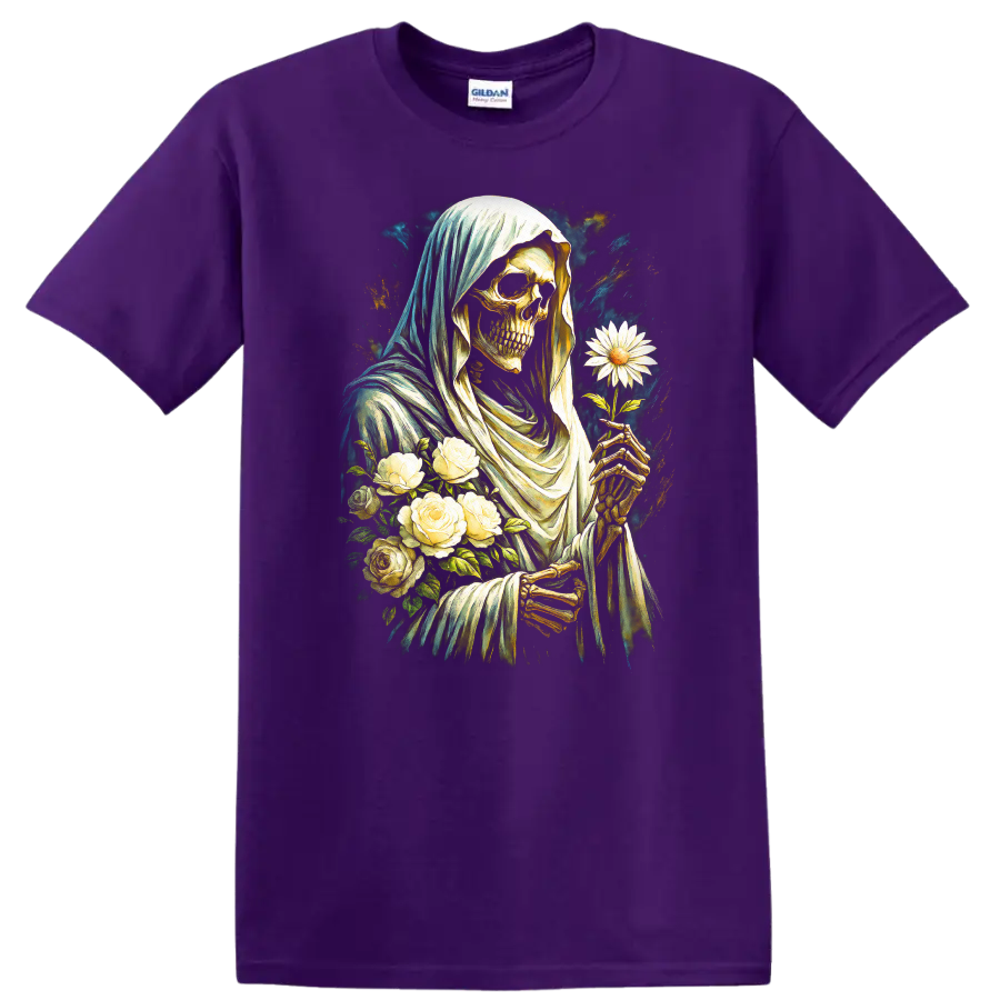 Vintage gothic hooded skeleton holding a white daisy with roses on a Purple T Shirt