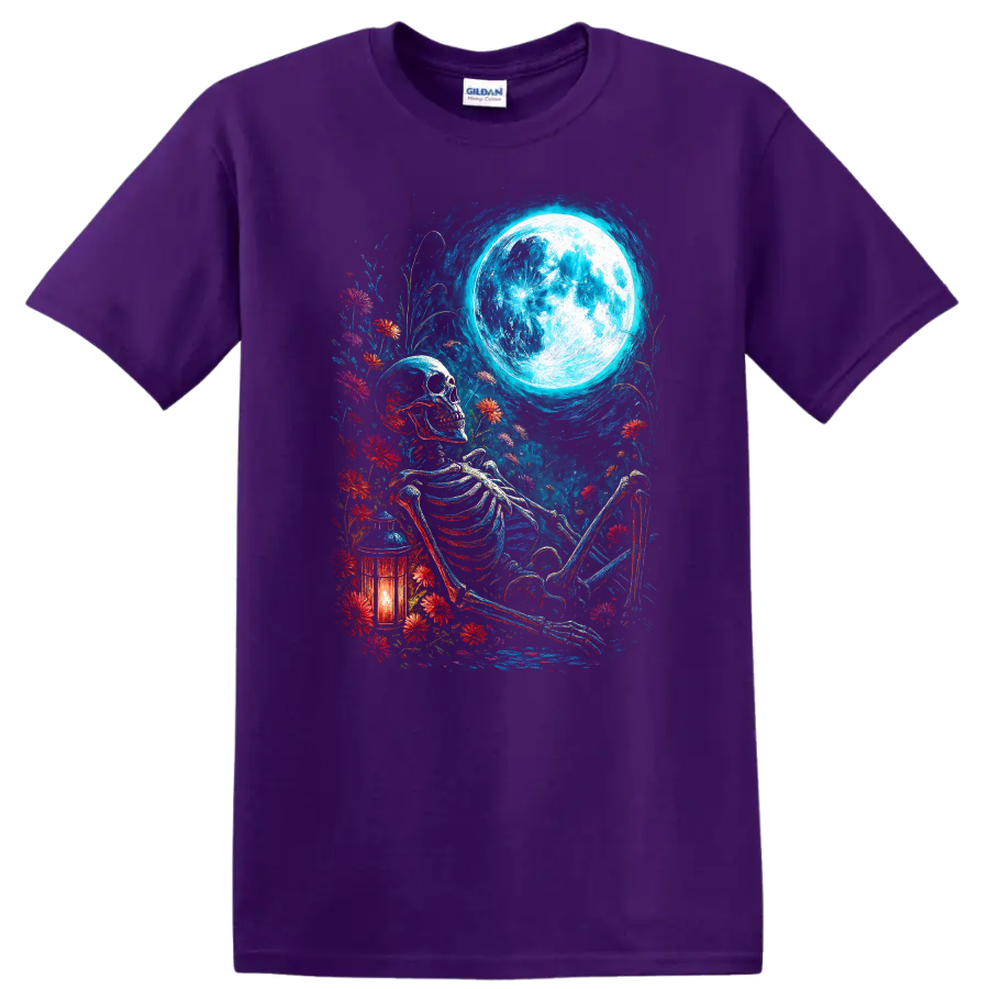 Vintage gothic skeleton resting among wildflowers beneath a full moon with lantern on a Purple T Shirt