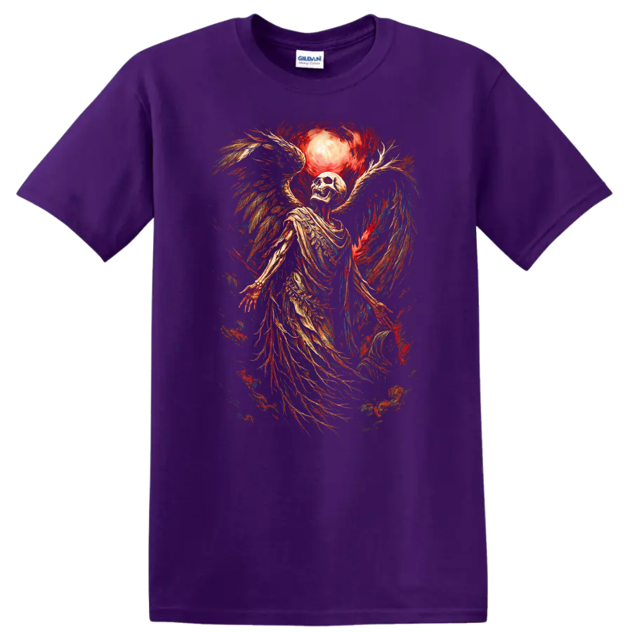 Vintage winged skeleton skull beneath a glowing moon in distressed gothic art on a Purple T Shirt